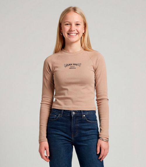 Blusa Juvenil Manga Longa Cotton Com Estampa Minty Marrom