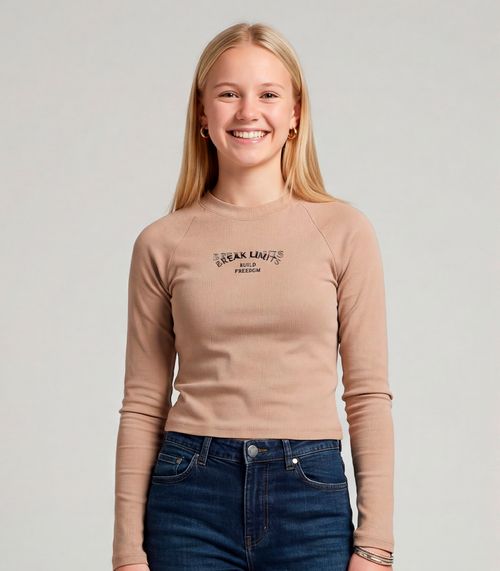 Blusa Juvenil Manga Longa Cotton Com Estampa Minty Marrom