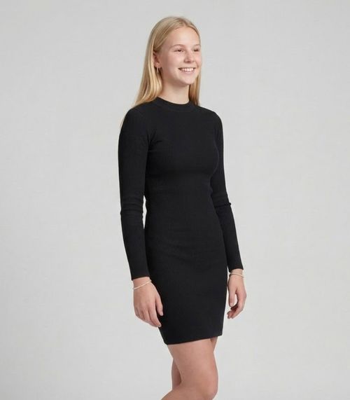 Vestido Juvenil Midi Manga Longa Em Ribana  Minty Preto