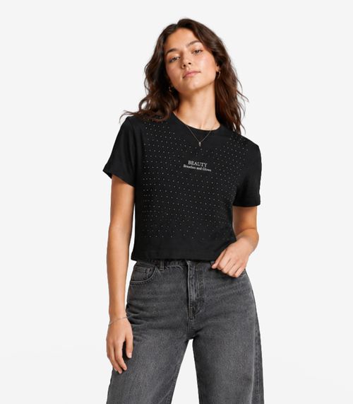 T-Shirt Feminina Meia Malha Com Estampa Minty Preto