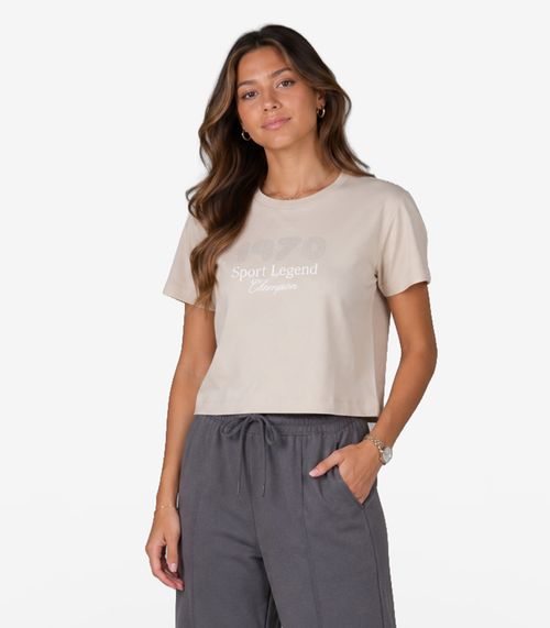 T-Shirt Femina Cropped Meia Malha Estampa Minty Bege