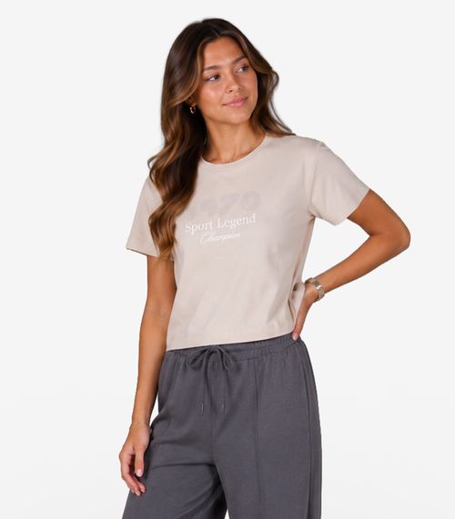 T-Shirt Femina Cropped Meia Malha Estampa Minty Bege