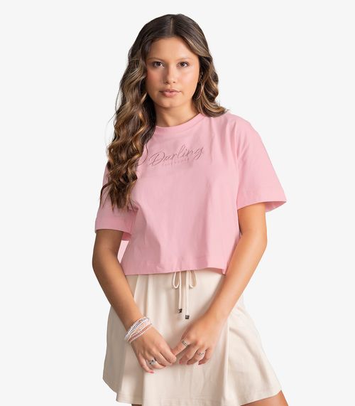 T-Shirt Feminina Meia Malha Com Bordado Minty Rosa