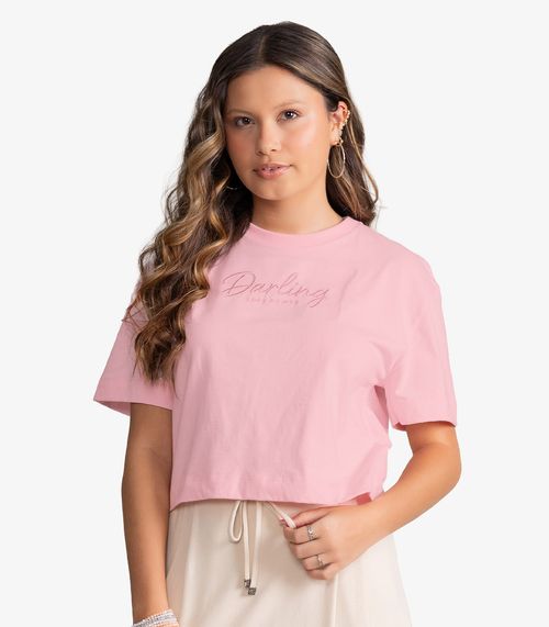 T-Shirt Feminina Meia Malha Com Bordado Minty Rosa