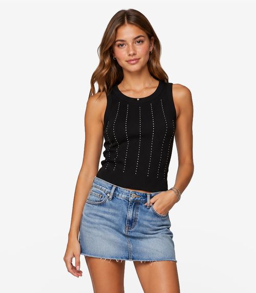 Regata Feminina Ribana Canelada Com Strass Minty Preto