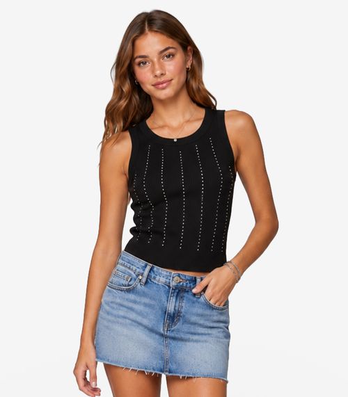 Regata Feminina Ribana Canelada Com Strass Minty Preto