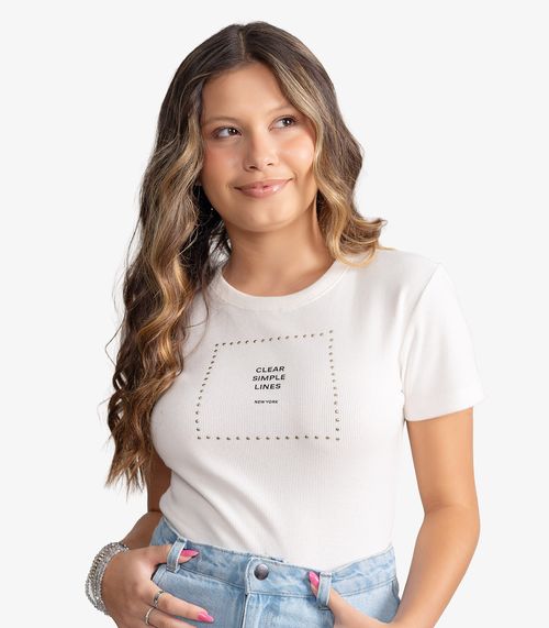 Blusa Feminina Em Ribana Com Termocolante Minty Bege