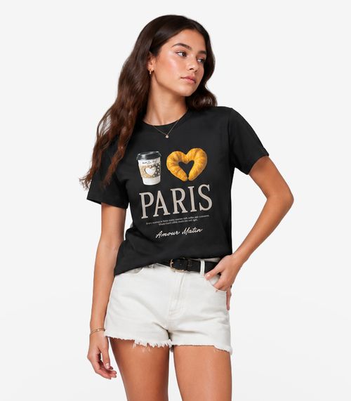 T-Shirt Feminina Meia Malha Com Estampa Minty Preto