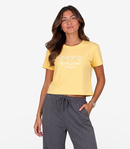 T-Shirt Femina Cropped Meia Malha Estampa Minty Amarelo