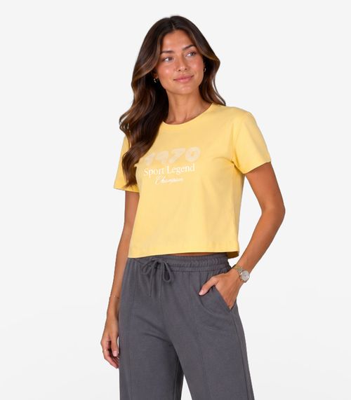 T-Shirt Femina Cropped Meia Malha Estampa Minty Amarelo